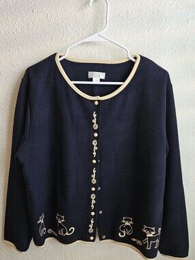 Christopher & Banks Navy Cardigan with Cream Trim and Cat Motif.